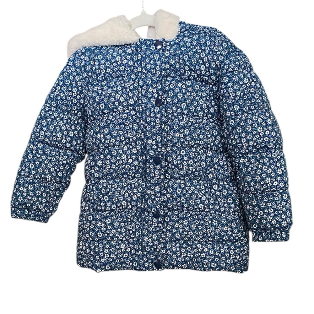 Girls Mango Blue Floral Puffer Hood Jacket Size 4-5